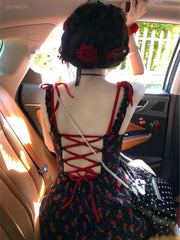 LIZAKOSHT  -  Korean Dress Women Sweet Bow Bandage Sleeveless Backless Robe Femme Floral Fashion Summer Mini Dresses Vestidos De Mujer
