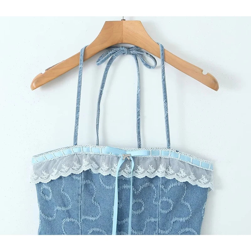 LIZAKOSHT  -  Summer 2024 Elegant White Lace Patchwork Denim Women's Dress Sexy Halter Strapless Hem Pleated Mini  Dress