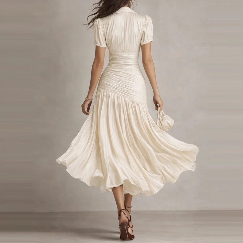 LIZAKOSHT  -  Temperament Lapel Short Sleeve Commute Dress Elegant Lady High Waist Pleated Dress Summer New Solid Color Simple Party Dresses