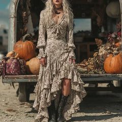 LIZAKOSHT  -  Autumn Elegant V Neck Big Swing Holiday Dress Fashion Flower Print Ruffle Edge Design Women Dress Sexy Hight Waist Slim Dresses