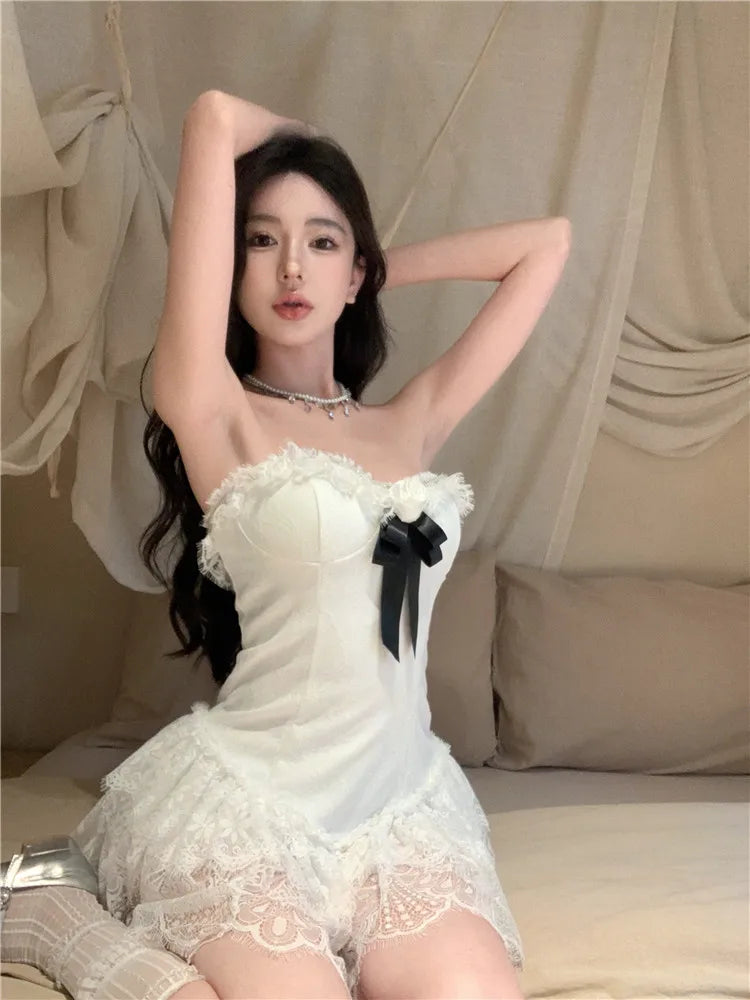 LIZAKOSHT  -  Y2k Lace Strapless Bow Dress for Women 2025 Summer New Slim Fit Cake Dresses Y2k Slim Waist A-line White Vestido Feminino