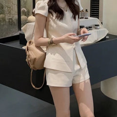 LIZAKOSHT  -  Summer Korean Elegant  Temperament Short Sleeve Solid Single Breasted  Top Shorts Two Piece Set Women