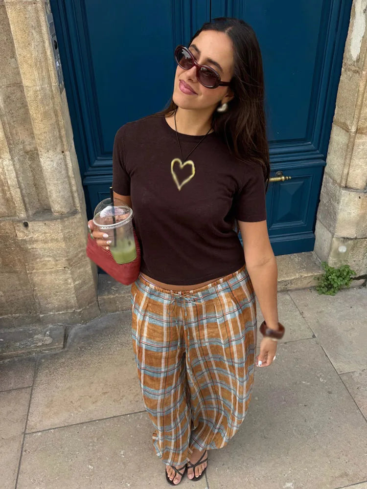 LIZAKOSHT  -  Women Autumn New Ramie Bloomers Plaid Printed Loose Pants Female Fashion Versatile Drawstring Streetwear Casual Trousers