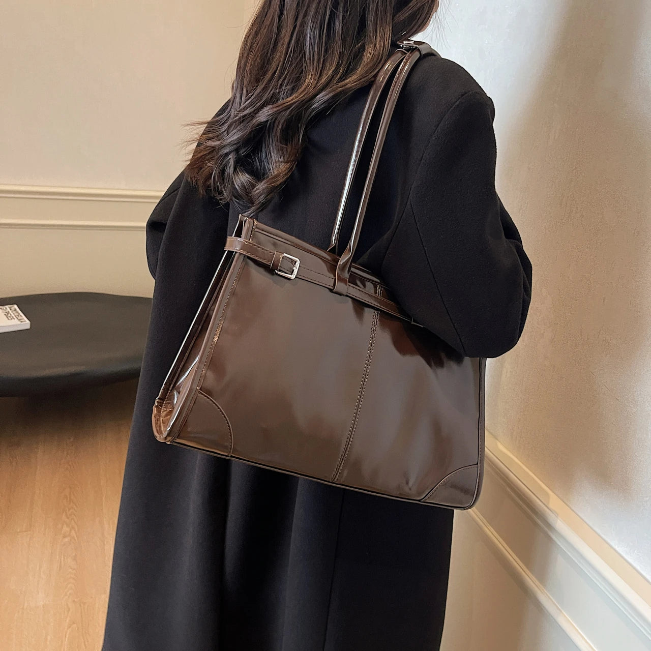LIZAKOSHT  -  Shiny PU Leather Handbags Women Large Solid Elegant Shoulder Bags Classic Female Packages England Style Retro Casual Totes Lady