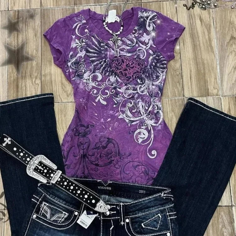 LIZAKOSHT  -  2000s Subculture Vintage Purple Print T-Shirt Women Y2k American Retro Slim Tees Summer 90s Grunge Casual Harajuku Fashion Tops