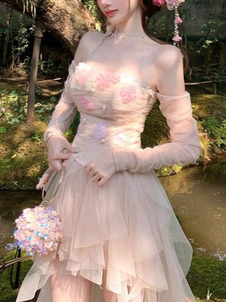 LIZAKOSHT  -  New Japanese Sweet Fashion Design 2piece Set Women Y2k Strapless Tops + Irregular Long Skirt Harajuku Casual Fairy Party Outfits