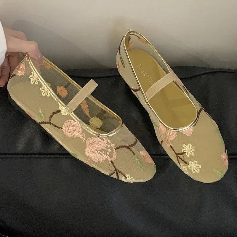 LIZAKOSHT  -  Mesh Embroidered Design Ballet Flats Womens Comfortable Round Toe Breathable Mule Sandals Casual Soft Bottom Beach Shoes Pumps