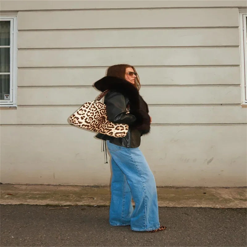 LIZAKOSHT  -  Women's Black PU Leather Jacket Large Faux Fur Collar Cuff Full Sleeve Lace Up Waist Cinching Coat 2025 Autumn Female Streetwear