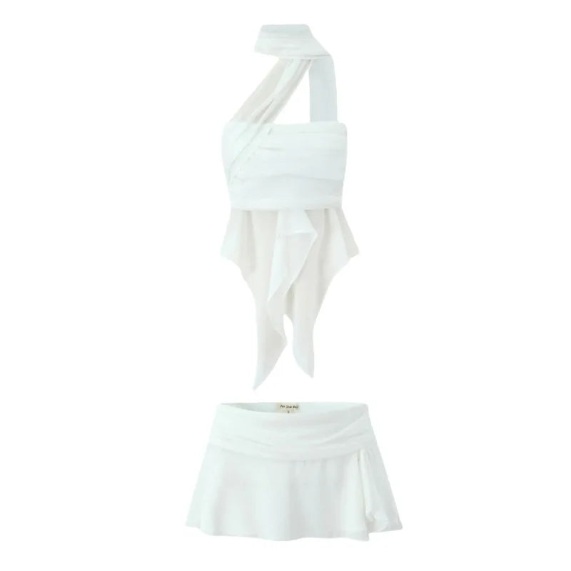 LIZAKOSHT  -  Women Waistband Ruched  Frisky Ruffle Chiffon Slit Mini Skirt