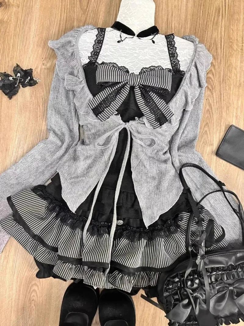 LIZAKOSHT  -  Sweet Lolita Lace Up Ruffles Cardigan+ Sexy Slim Fit Strapless Vest Tops+ High Waist Ruched Skirts Early Autumn Three Piece Sets