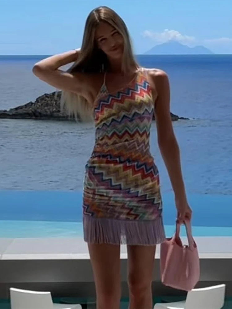 LIZAKOSHT  -  Color Striped Tassel Mini Dress Women Slim Slip Sleeveless Party Club Dresses 2025 Summer New Stylish Beach Holiday Robes Lady