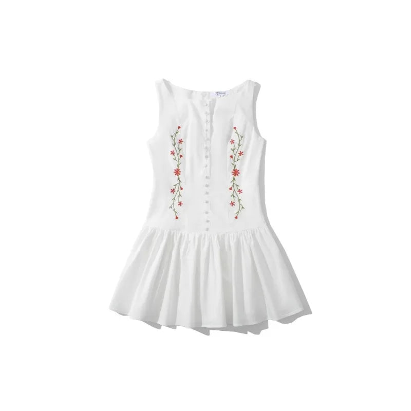 LIZAKOSHT  -  Elegant Flower Embroid Buttons Dress Sweet Sexy Tank Sleeveless Ruffles Slim Mini Dresses Holiday Party Summer French Women Chic