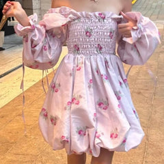 LIZAKOSHT  -  Sweet Women Pink Floral Print Long Sleeve Holiday Party Princess Mini Dress Summer 2024 Robe