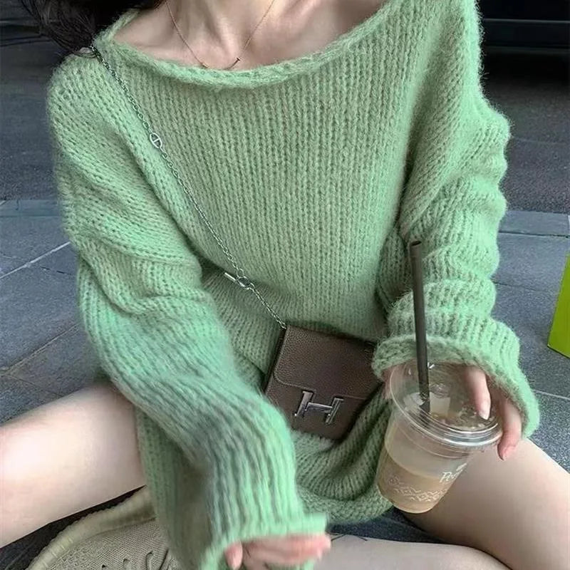 LIZAKOSHT  -  Fall Winter New French Lazy Style Rolled Edge Thick Needle Pullover Sweater Design Loose Knit Sweater Tops Female Jumpers