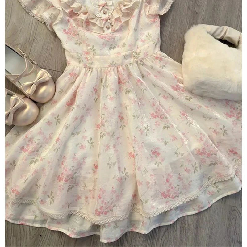 LIZAKOSHT  -  Kawaii Floral Mini Dress Women Japanese Lolita Cute Bow Ruffles Patchwork Dresses Summer Korean Fashion Bodycon A Line Vestidos