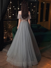LIZAKOSHT -  Elegant Gary Evening Dresses Strapless Scoop Neck Dubai Arabic Sparkling Applique Beaded A-Line Formal Party Prom Dresses