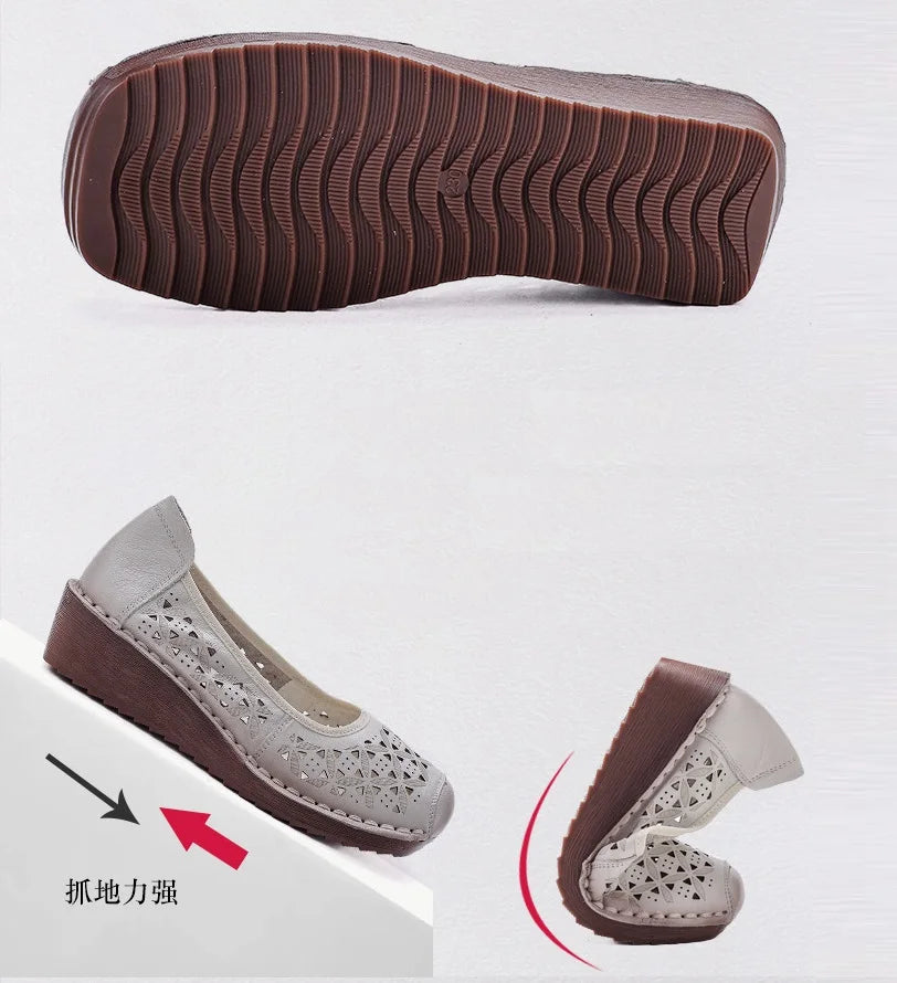 LIZAKOSHT  -  Women's Summer Real Leather Wedge Red Flats Cut out Loafers Vintage Breathable Slip-On Shoes Luxury Hollow Moccasin Female
﻿