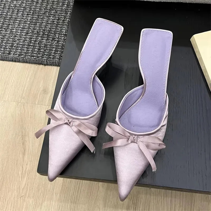 LIZAKOSHT  -  Spring Summer Silk Butterfly-knot Women's Slippers Sandals Pointed Toe High Heel Pumps Ladies Stripper Mules Shoes