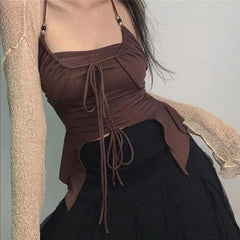 LIZAKOSHT  -  Korean Style Design Sense Hanging Neck Y2k Tank Chest Drawstring Lace Vest Women's Autumn and Winter Irregular Bottoming Tops