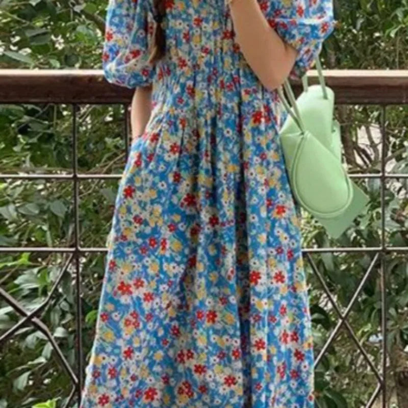 LIZAKOSHT  -  Vestidos Mujer Sweet Spring Summer Blue Print Floral Vintage Woman Dress Korean Fashion Puff Sleeve Long Dress