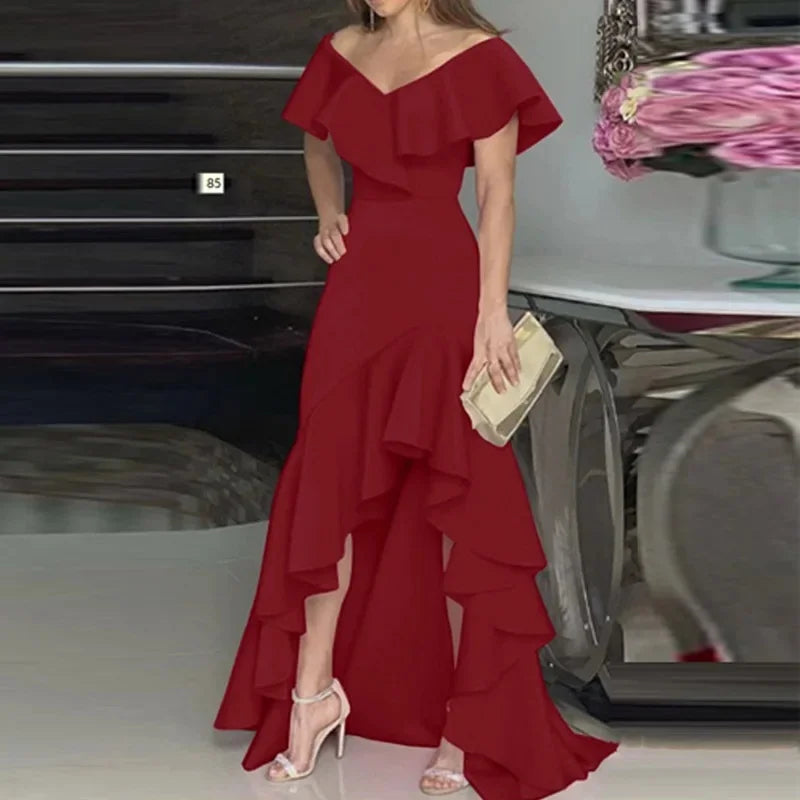 LIZAKOSHT  -  Sexy V-neck Irregular Hem Pure Color Women's Dress Bell Sleeve Ankle-length Regular Waist Design Floral Lace Edge Dress