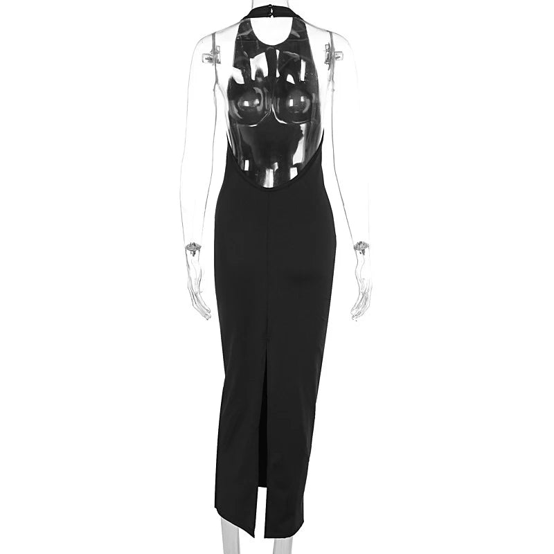 LIZAKOSHT  -  2025 Ladies Classic Backless Hanging Neck Off-shoulder Fashion Sexy Bodycon Package Hip Split Hem Maxi Dress Party Clothing