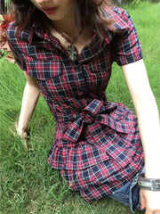 LIZAKOSHT  -  Vestidos De Mujer Summer Woman Dress Preppy Style Short Sleeve Bandage Vintage Shirt Robe Femme Casual Plaid A-line Dresses