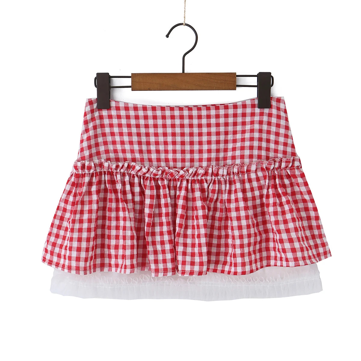 LIZAKOSHT  -  Sexy Red Plaid Spliced Lace Bow Ruched Chest Tank Top + High Waist Wood ears Mesh Lining Swing Cake Mini Skirt Suits 2pcs 1 Set