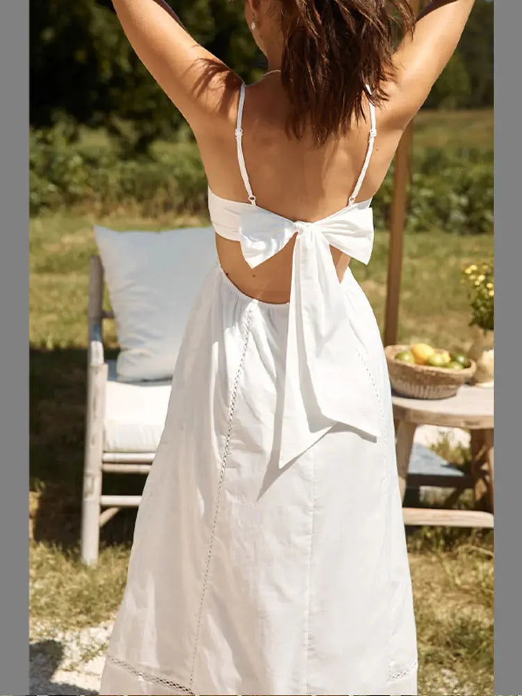LIZAKOSHT  -  Sexy Backless Bow Lace Up Women Maxi Dress Elegant V-neck Hollow Out Sleeveless Sling Dresses Summer Casual White Vacation Robes
