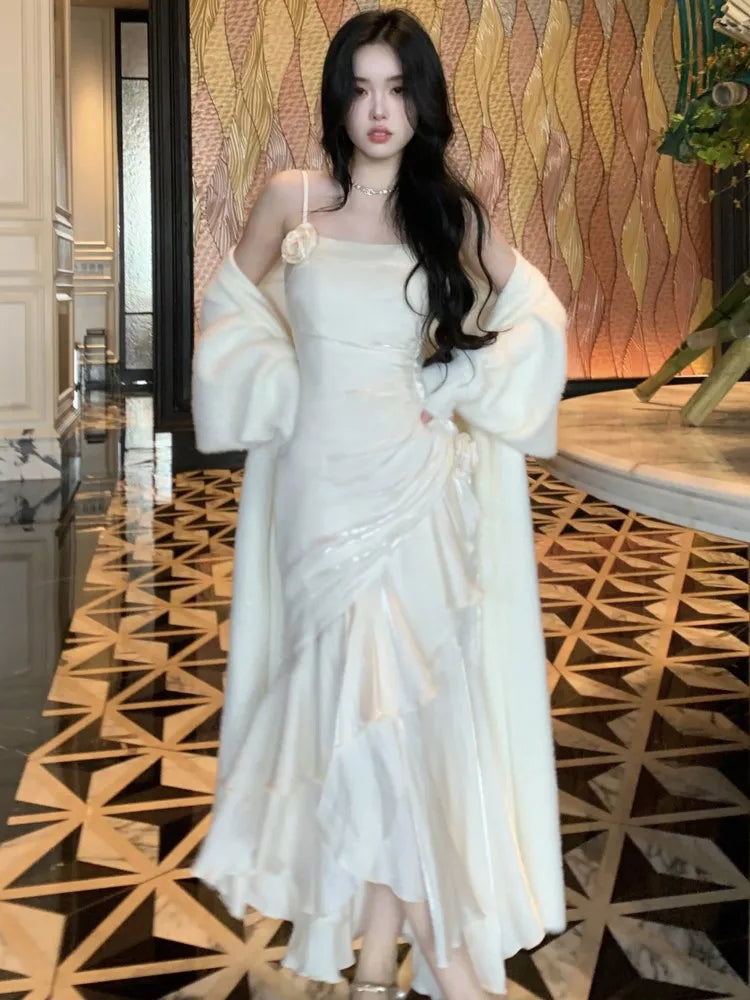 LIZAKOSHT  -  Elegant Spaghetti Strap Ruffles Mermaid Dress Long Sleeve Knitted Long Coat Korean Fashion Evening Party Clothing Autumn Winter