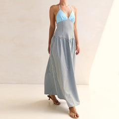 LIZAKOSHT  -  Women Halter Neck Striped Backless Maxi Dress Summer Sleeveless Long Dress Vacations Outdoor Backless Flowy Dress