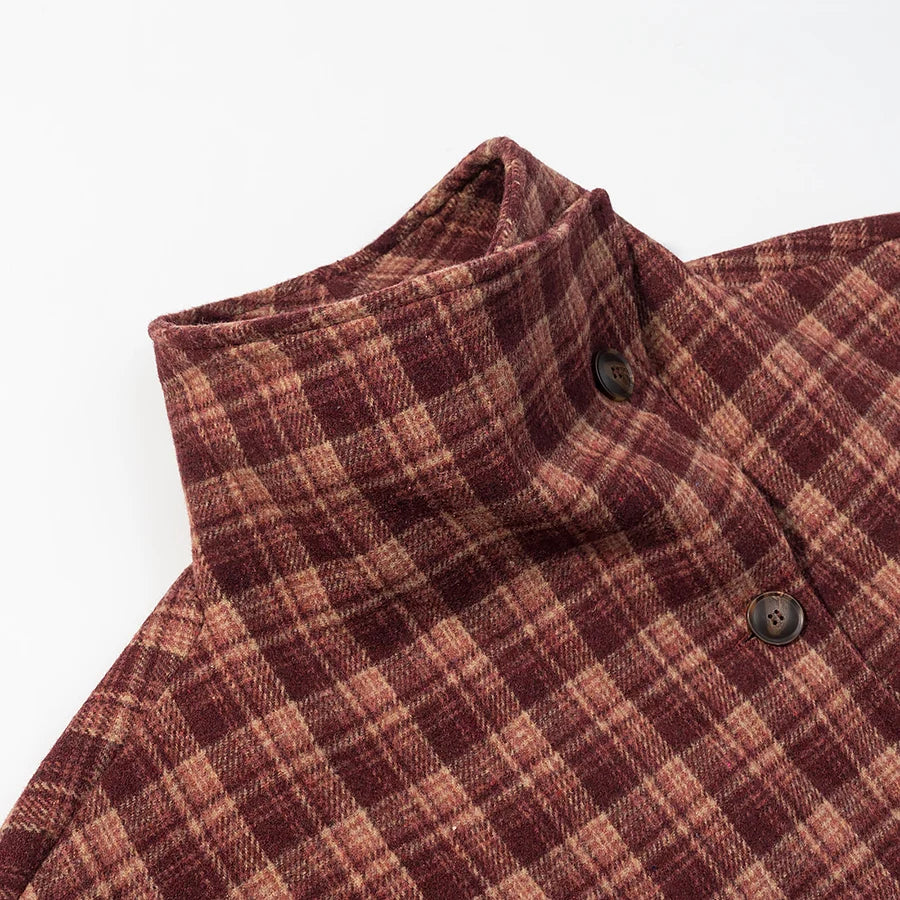 LIZAKOSHT  -  Autumn And Winter Retro Stand Collar Single-Breasted Plaid Jacket Women Outerwear