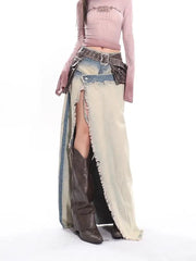 LIZAKOSHT  -  Denim Split Skirt Distressed Gradient Raw Edge For Women Bag Buttocks Slimming Long Skirts American Retro Spicy Girl Long Skirt