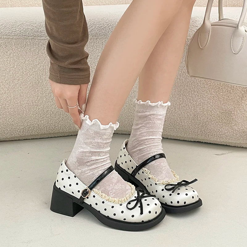 LIZAKOSHT  -  Cute Polka Dot Thick Heel Women Mary Jane Shoes Comfort Shallow Strap Pumps Ladies Eelgant Butterfly-knot Dress Single Shoes