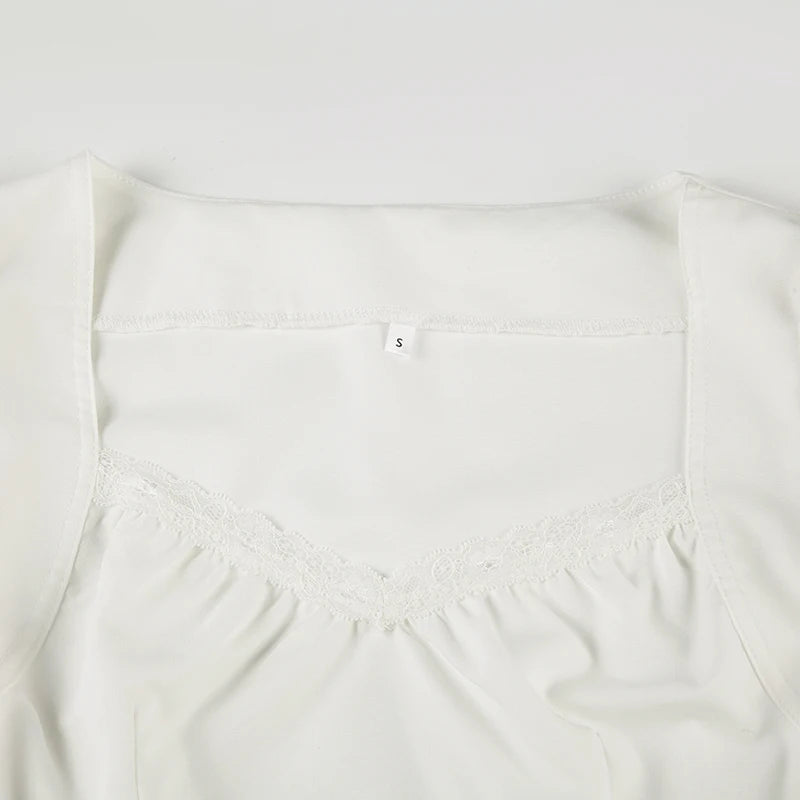 LIZAKOSHT  -  Lace Stitching Square Collar Top Summer French Style Puff Short Sleeve T-shirt Elegant Basic Clothing Chic Sweet Tops