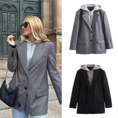 LIZAKOSHT  -  Casual Loose Hooded Blazer Women Elegant Single Breasted Long Sleeve Suit Coat Office Lady 2025 New Autumn Fashion Solid Coats