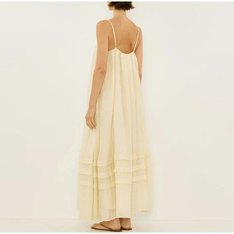 LIZAKOSHT  -  Casual Loose Pleated Sling Long Dress Women Chic Simple Beige Sleeveless Low Cut Holiday Dresses Lady Retro Summer Beach Vestido