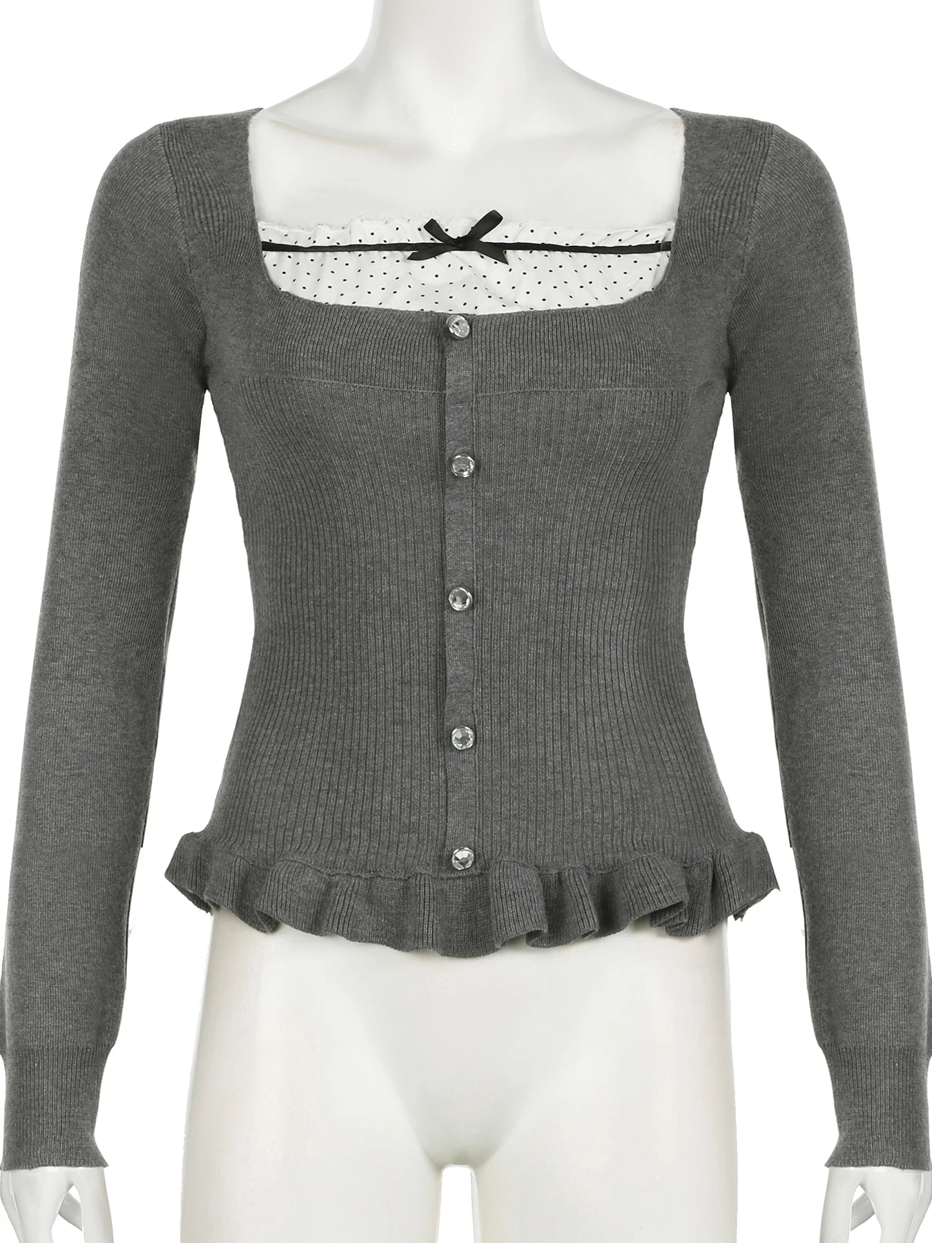LIZAKOSHT  -  Casual Sweet Patchwork Dot Bow T Shirt Slim Square Collar Long Sleeve Tees Women Autumn Spring Fashion Streetwear