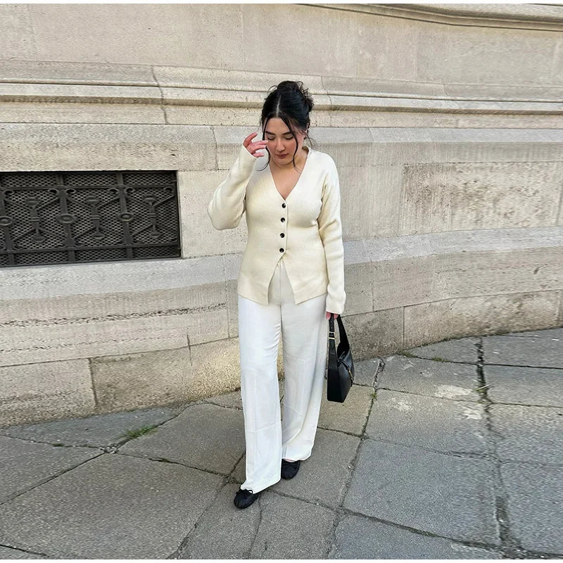 LIZAKOSHT  -  Fashion Solid V-neck Knitted Cardigan Women Solid Full Sleeve Single Breasted Slim  Cardigan 2025 Lady Early Autumn Chic Outwear