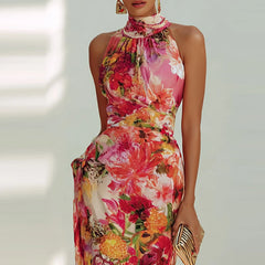 LIZAKOSHT  -  Elegant Sleeveless Hight Waist Holiday Long Dress Women Fashion Draped Summer Dress Sexy Halter Floral Print Bohe Bodycon Dress