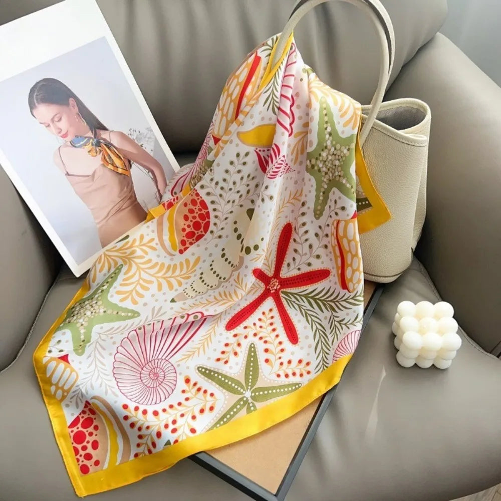 LIZAKOSHT  -  New Shell Silk Square Scarf Satin Starfish Neck Hair Tie Foulard Bandana Hijab Headband Hair Accessories
