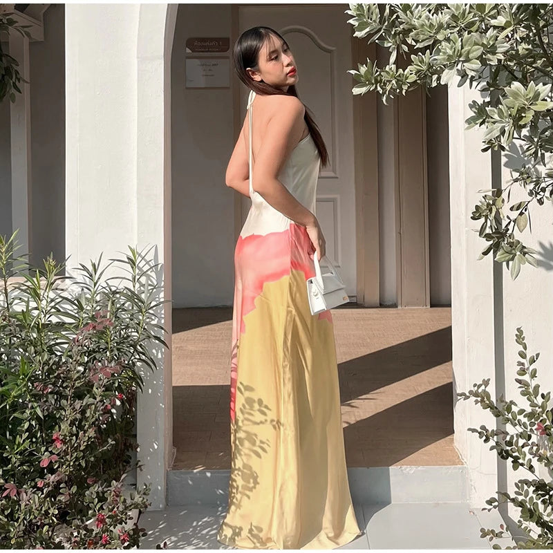LIZAKOSHT  -  Elegant Print Halter Long Dress Women Backless Lace Up Sleeveless Beach Vestido Female 2025 Spring Summer Fashion Chic Dresses