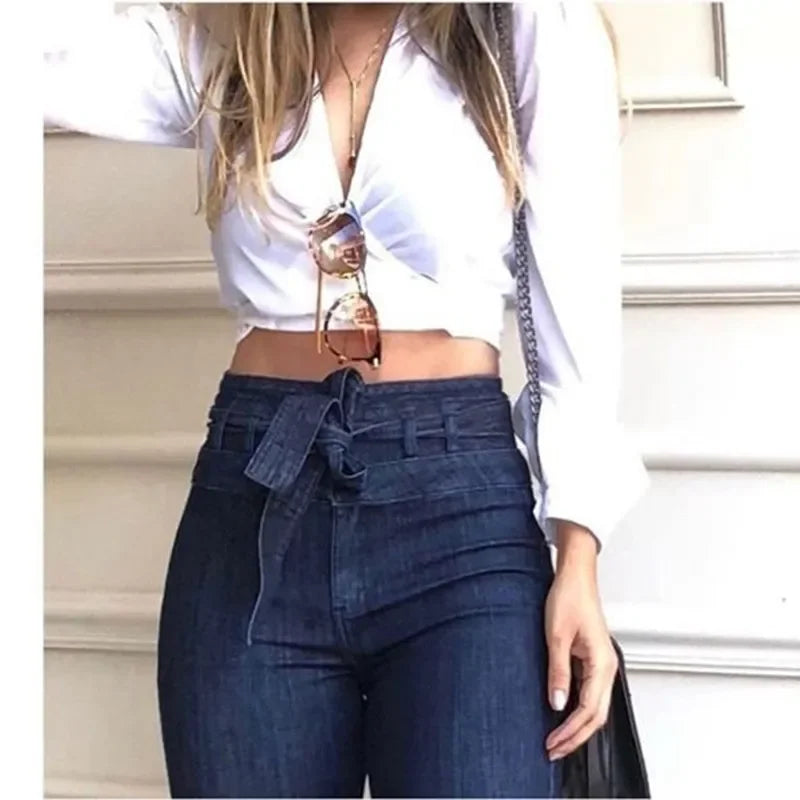 LIZAKOSHT  -  New Women Denim Tie Waist Flare Jeans Boyfriend Jeans Ladies High Waist Skinny bell bottom jeans Pants Autumn Wide Leg Mom Jeans