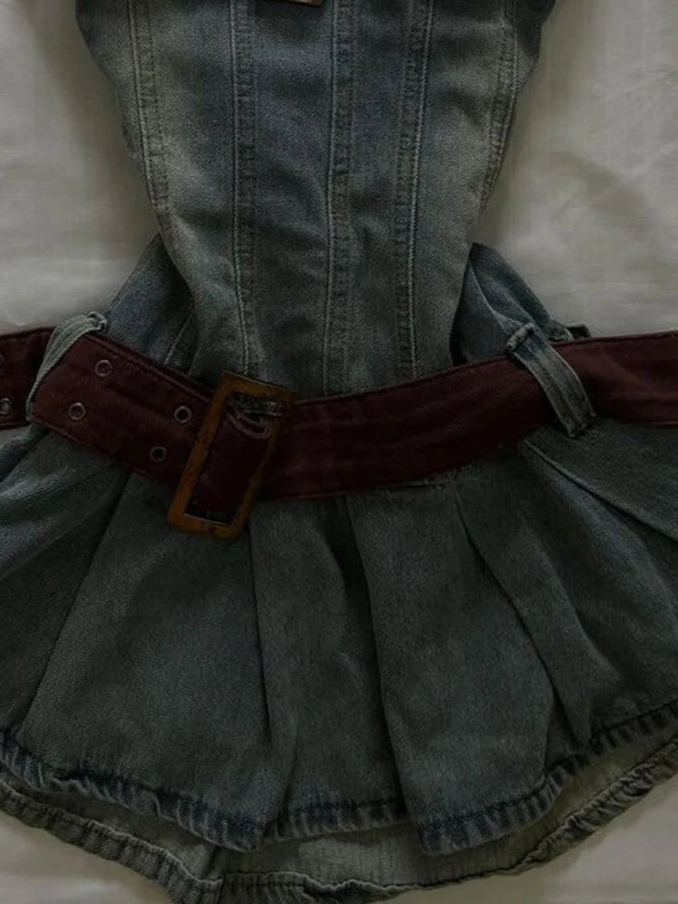 LIZAKOSHT  -  2000s Vintage French Style Slim Fit Dress Women Blue Elegant Denim Strapless Dresses New Summer Y2k Off Shoulder Casual Clothing