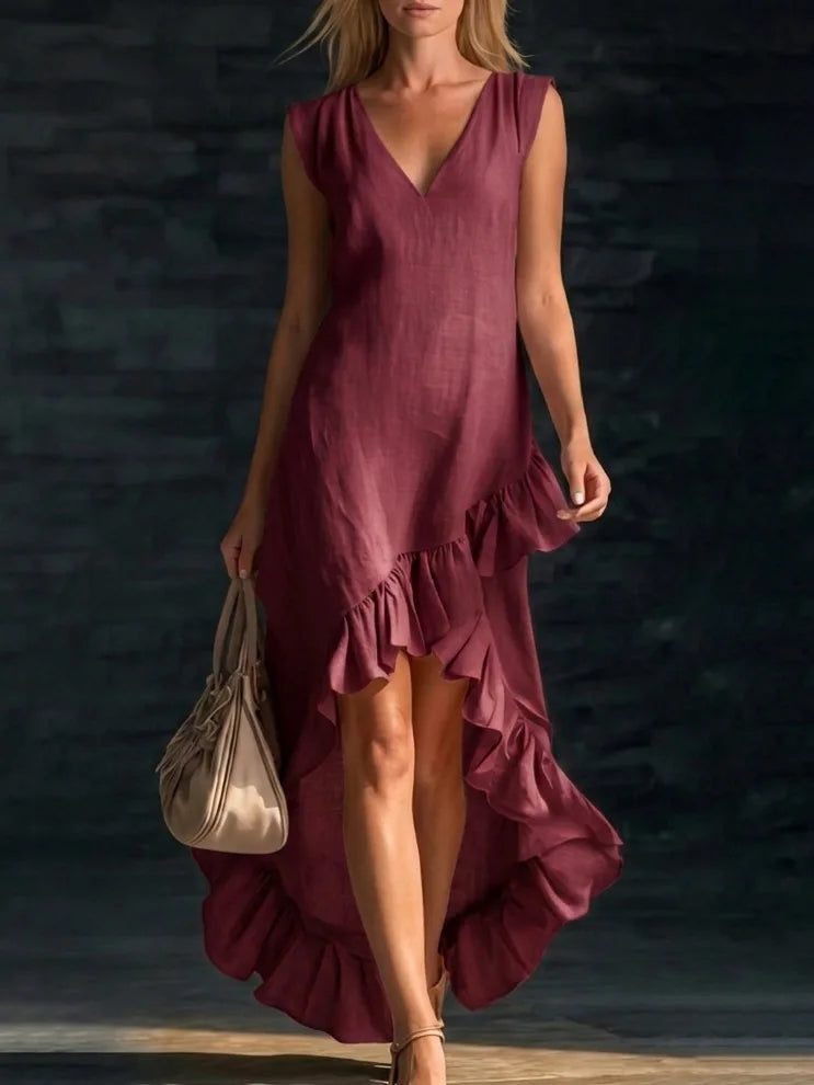 LIZAKOSHT  -  New Fashionable Romantic Sleeveless V-neck Ruffle Hem Cotton and Linen Long Dress
