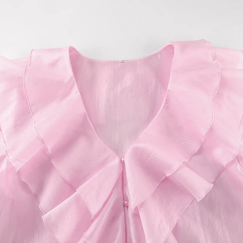 LIZAKOSHT  -  Summer Charm Pink Chiffon Sunscreen Coat Temperament Layered Ruffle V-neck Trumpet Short Women's Shirt