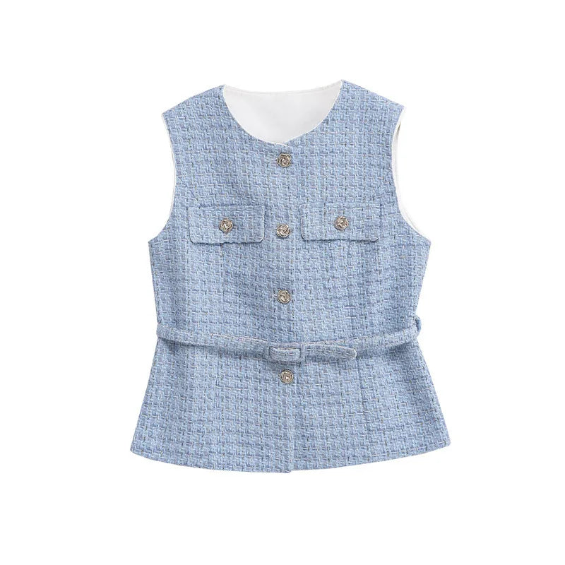 LIZAKOSHT  -  Autumn Belt Sleeveless Vest Shirt Women O Neck Patchwork Gold Button Cardigan Tops 2025 Street Elegant Casual Tank Top