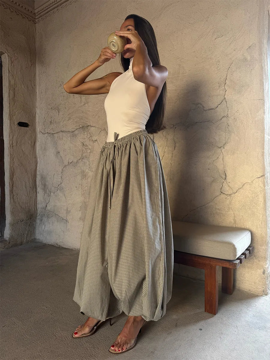 LIZAKOSHT  -  Women's New Retro Brown Lantern Pants High Waist Trendy Loose Fit Plaid Spring Summer Fashion Trousers
