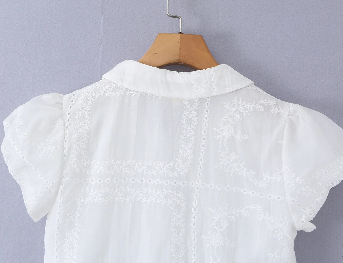 LIZAKOSHT  -  Sweet White Embroidery Hollow out Flower Lace Short Puff Sleeve Shirt Women Peter Pan Collar Lacing Up Tie Bow Front Crop Tops
