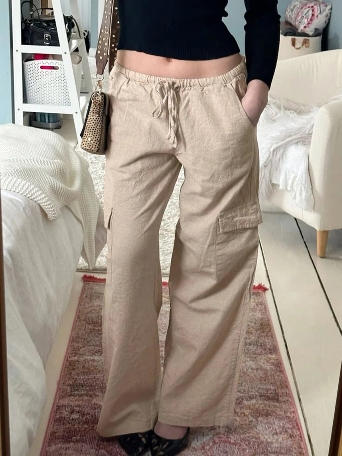LIZAKOSHT  -  Casual Basic Solid Big Pockets Wide Leg Pants Loose Bandage Low-Waisted Straight Pants Women Autumn Spring Fashion